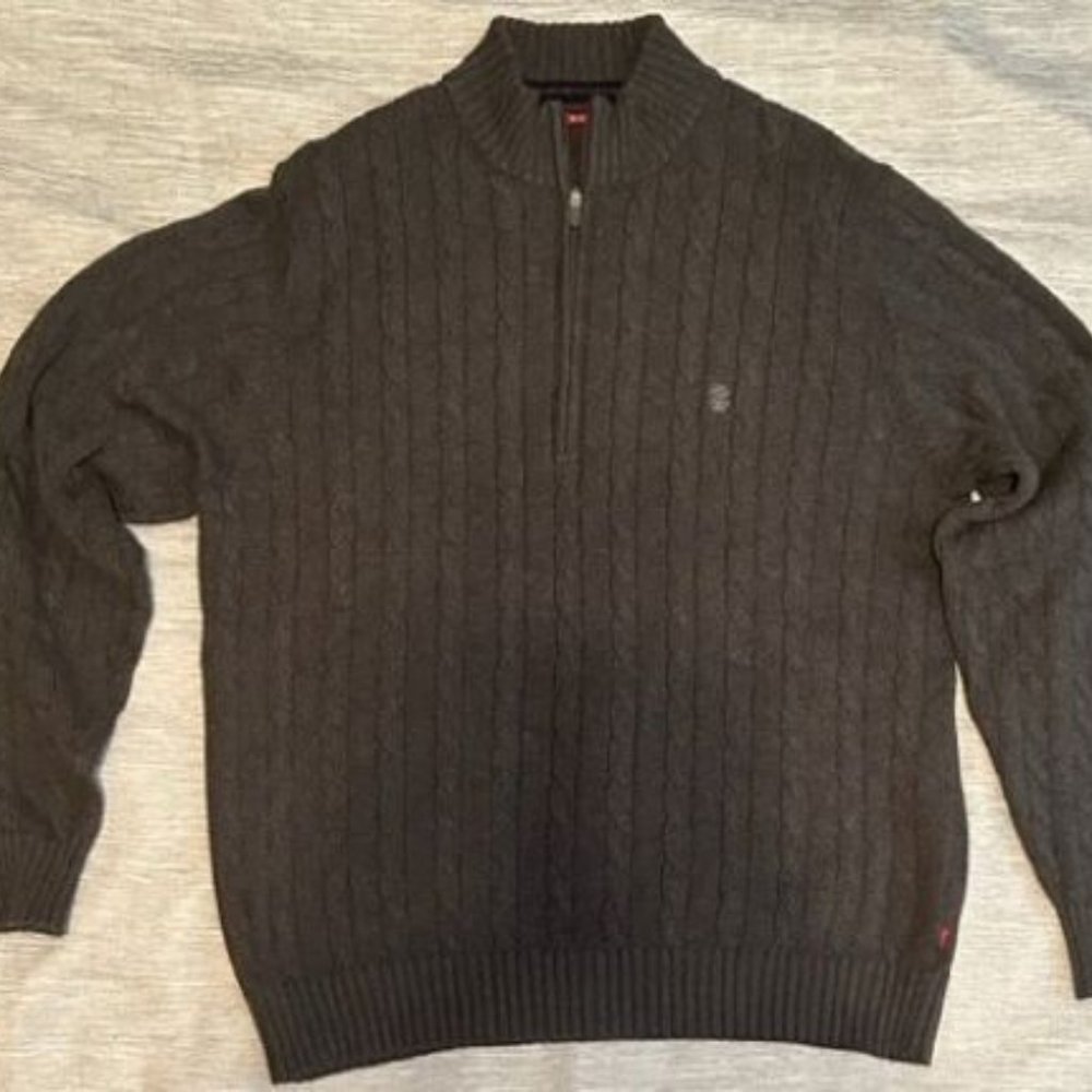 IZOD Men's Cable Knit Pullover Sweater 1/4 Zip Long Sleeve Gray Sz Medium IZ